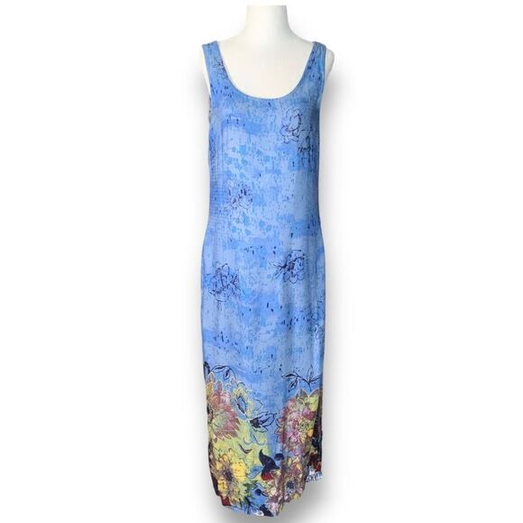 Vintage 90s Maxi Dress Cornflower Blue Pattern Sleeveless Tropical Floral Detail - Picture 1 of 10